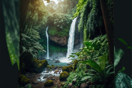 Beautiful enchanted tropical forest with big trees, waterfalls and lots of vegetation. background digital paintingの素材