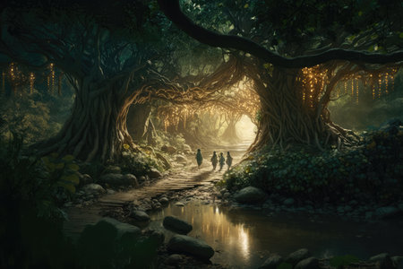 A beautiful fairy tale enchanted forest with big trees and great vegetation. digital painting backgroundの素材