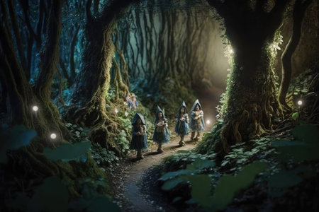 A beautiful fairy tale enchanted forest with big trees and great vegetation. digital painting backgroundの素材