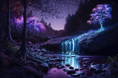 Beautiful enchanted forest illuminated at night by bioluminescence, trees, rivers, plants. digital paintingの素材
