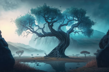 Fantastic fairytale tree in fantasy and magic style in an enchanted place with river and mist. digital paintingの素材