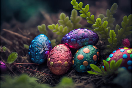 Colorful easter eggs hidden in the grass in the backyard garden of the house, easter celebrationの素材