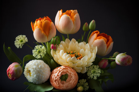 Easter flowers in a bouquet of spring flowers like tulips and dahlias, symbolizing the beauty of Easterの素材