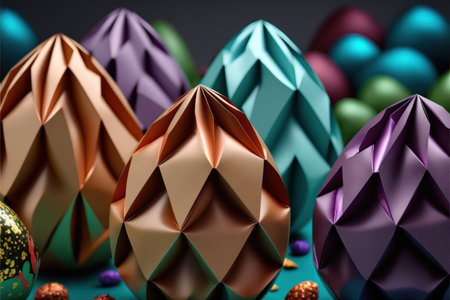 Small easter eggs in milk chocolate colored paper inside basket in easter celebrationの素材