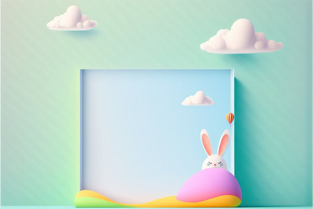 Beautiful colorful background in easter celebration with balloons, colorful eggs and easter bunnies. Space for textの素材