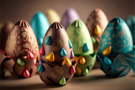 Small easter eggs in milk chocolate colored paper inside basket in easter celebrationの素材