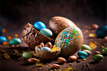Colored milk chocolate easter eggs with filling and embossed designs, easter celebrationの素材
