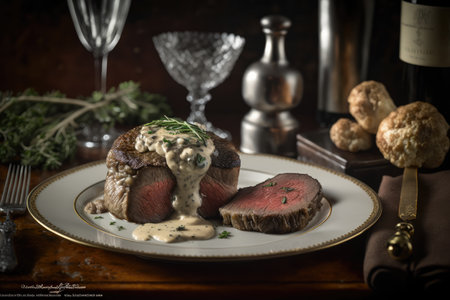 A beautiful pan-fried Prime Ribeye steak served with a creamy pepper sauce, Beef Juices and delicious mushroom mixの素材