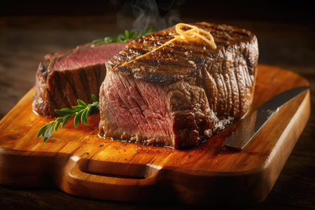 A juicy and flavorful ancho steak served on a wooden board in slices showing the tenderness of the meatの素材