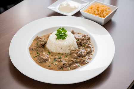 Creamy Stroganoff with a portion of white rice and french fries. Thinly sliced meat with sour cream and mushroom sauceの素材