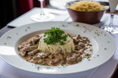 Creamy Stroganoff with a portion of white rice and french fries. Thinly sliced meat with sour cream and mushroom sauceの素材