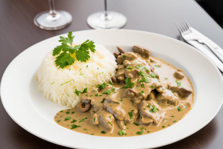 Creamy Stroganoff with a portion of white rice and french fries. Thinly sliced meat with sour cream and mushroom sauceの素材