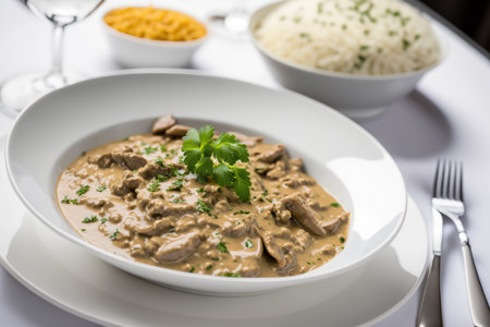 Creamy Stroganoff with a portion of white rice and french fries. Thinly sliced meat with sour cream and mushroom sauceの素材