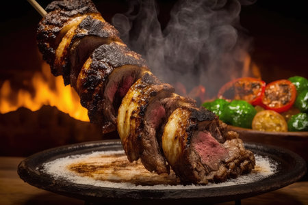 Brazilian barbecue served with picanha on a charcoal barbecue skewer and cut showing the tenderness of the meatの素材