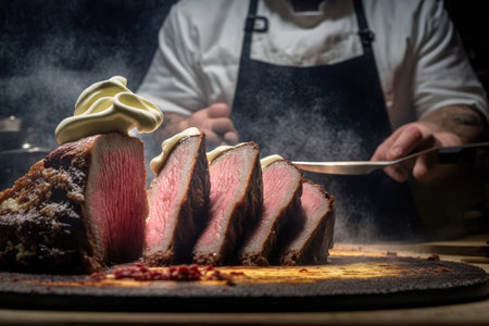 Brazilian Churrasco served with Grilled Picanha and Butter Sauce with cut showing the tenderness of the meatの素材