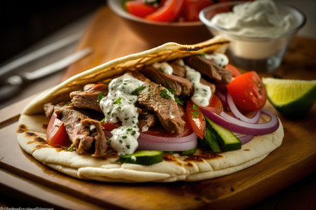 Gyro popular dish in Greece, with thinly sliced roast beef served in a pita bread with tomato, onion and tzatziki sauceの素材