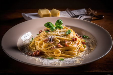 Spaghetti alla Carbonara Italian pasta, spaghetti, eggs, pecorino romano cheese, pancetta or guanciale and black pepperの素材