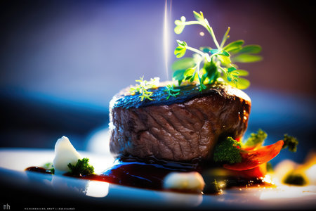 A nice Filet Mignon steak on a plate, meat juices, freshly ground black pepper and unsalted butter sauceの素材