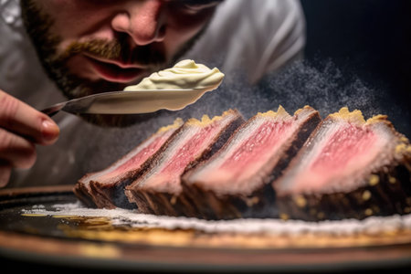 Brazilian Churrasco served with Grilled Picanha and Butter Sauce with cut showing the tenderness of the meatの素材