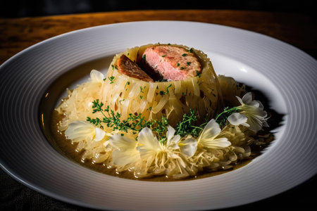 Sausage with Sauerkraut popular dish in Germany, with white sausage and sauerkraut, which is canned fermented cabbageの素材