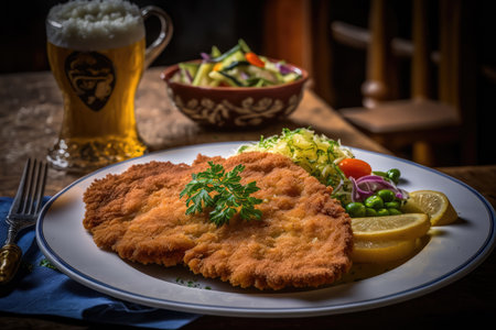 Schnitzel is a traditional dish popular in Germany of a thin slice of meat breaded and fried with potatoes and saladの素材