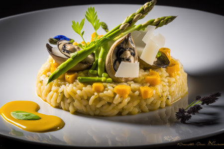 Italian rice creamy risotto with broth, butter and parmesan cheese. Variety of ingredients and vegetarian optionの素材