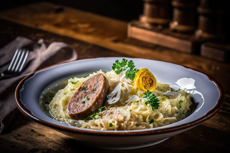 Sausage with Sauerkraut popular dish in Germany, with white sausage and sauerkraut, which is canned fermented cabbageの素材