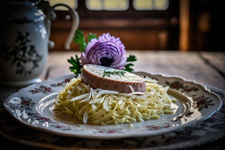 Sausage with Sauerkraut popular dish in Germany, with white sausage and sauerkraut, which is canned fermented cabbageの素材