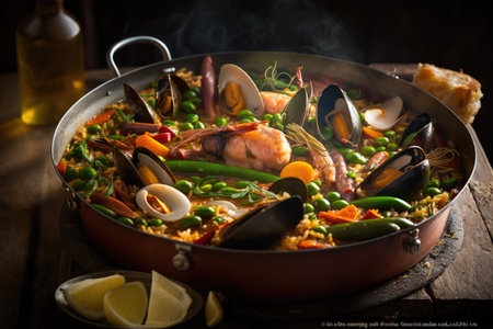 A typical Spanish dish paella with rice cooked with saffron, seafood, chicken, rabbit, green beans and peppersの素材