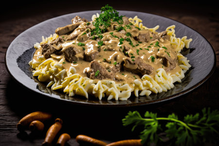 A plate of Creamy Stroganoff served over Pasta with Thinly Shredded Beef and a Sour Cream Mushroom Sauceの素材