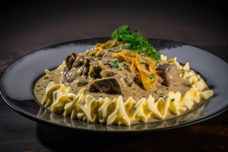 A plate of Creamy Stroganoff served over Pasta with Thinly Shredded Beef and a Sour Cream Mushroom Sauceの素材