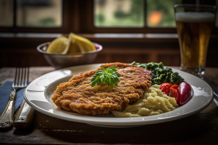 Schnitzel is a traditional dish popular in Germany of a thin slice of meat breaded and fried with potatoes and saladの素材