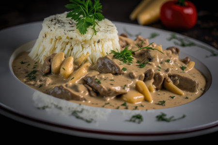 A plate of Creamy Stroganoff served over Pasta with Thinly Shredded Beef and a Sour Cream Mushroom Sauceの素材