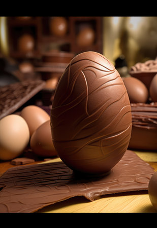 Milk chocolate easter eggs with cute ornaments on wooden backgroundの素材