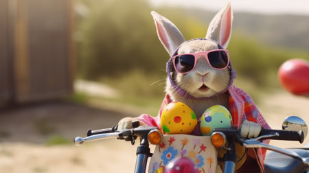 A biker rabbit traveling on a motorcycle wearing sunglasses and a helmet, carrying colorful easter eggsの素材