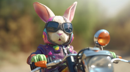 A biker rabbit traveling on a motorcycle wearing sunglasses and a helmet, carrying colorful easter eggsの素材