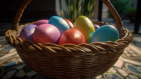 Small chocolate easter eggs wrapped in colorful paper inside straw basketの素材