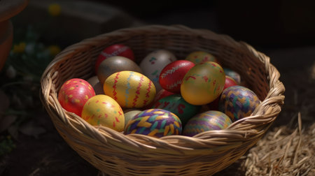 Small chocolate easter eggs wrapped in colorful paper inside straw basketの素材