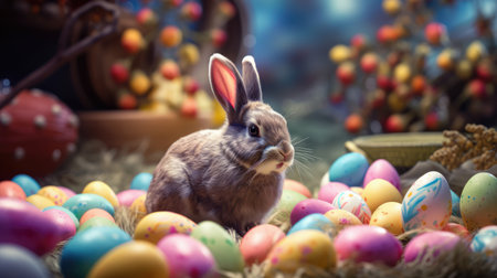 A little bunny in the enchanted chocolate forest in the middle of many colorful easter eggsの素材