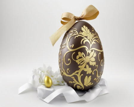 Milk chocolate easter egg with golden ornaments on white backgroundの素材
