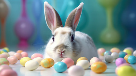 A little bunny among colorful easter eggsの素材