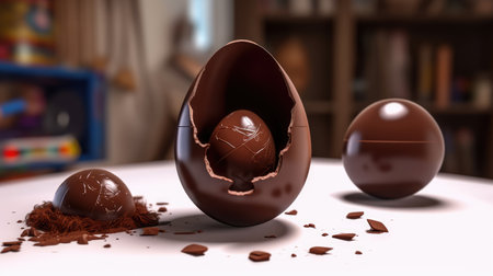 Milk chocolate easter egg with a hole on wooden backgroundの素材