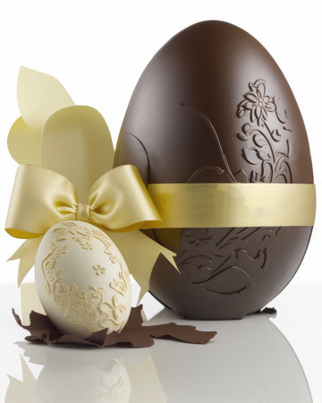 Milk chocolate easter egg with golden ornaments on white backgroundの素材