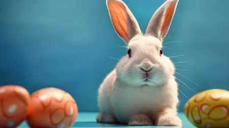 A little bunny among colorful easter eggsの素材