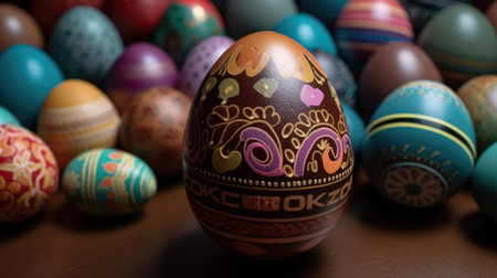 Small milk chocolate Easter eggs wrapped in bright colored paperの素材