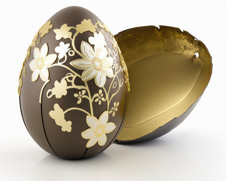 Milk chocolate easter egg with golden ornaments on white backgroundの素材