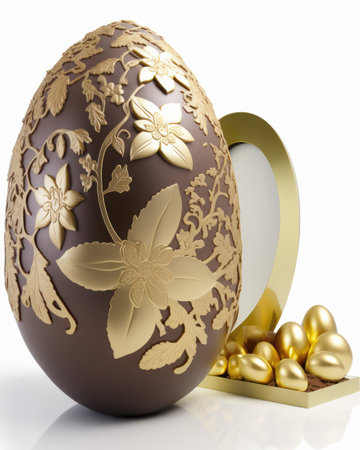 Milk chocolate easter egg with golden ornaments on white backgroundの素材