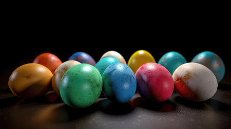 Small chocolate easter eggs wrapped in colorful paper inside straw basketの素材