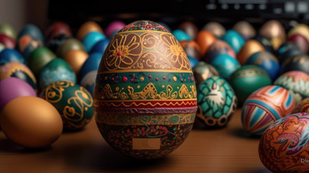 Small milk chocolate Easter eggs wrapped in bright colored paperの素材