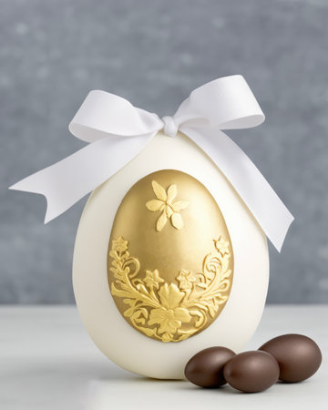 Milk chocolate easter egg with golden ornaments on white backgroundの素材